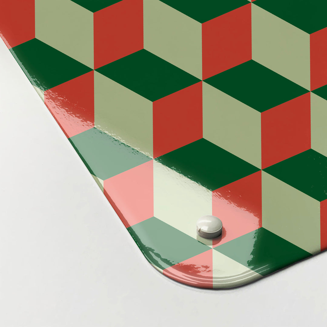 The corner detail of a blocks cream, green and red design magnetic board to show it’s high gloss surface