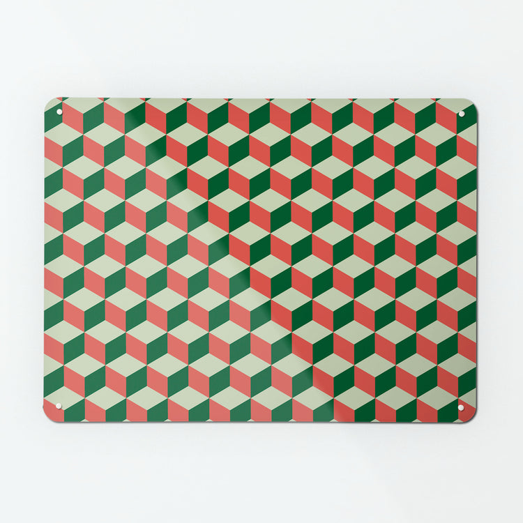 A large magnetic notice board by Beyond the Fridge with a geometric blocks design in green, red and cream