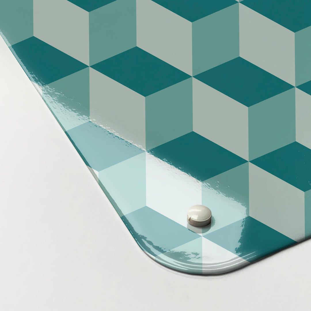 The corner detail of a blocks shades of teal design magnetic board to show it’s high gloss surface