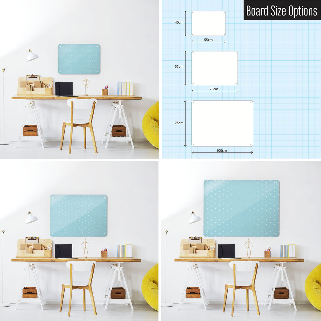 Three photographs of a workspace interior and a diagram to show size comparisons of a polkadots on blue design magnetic notice board