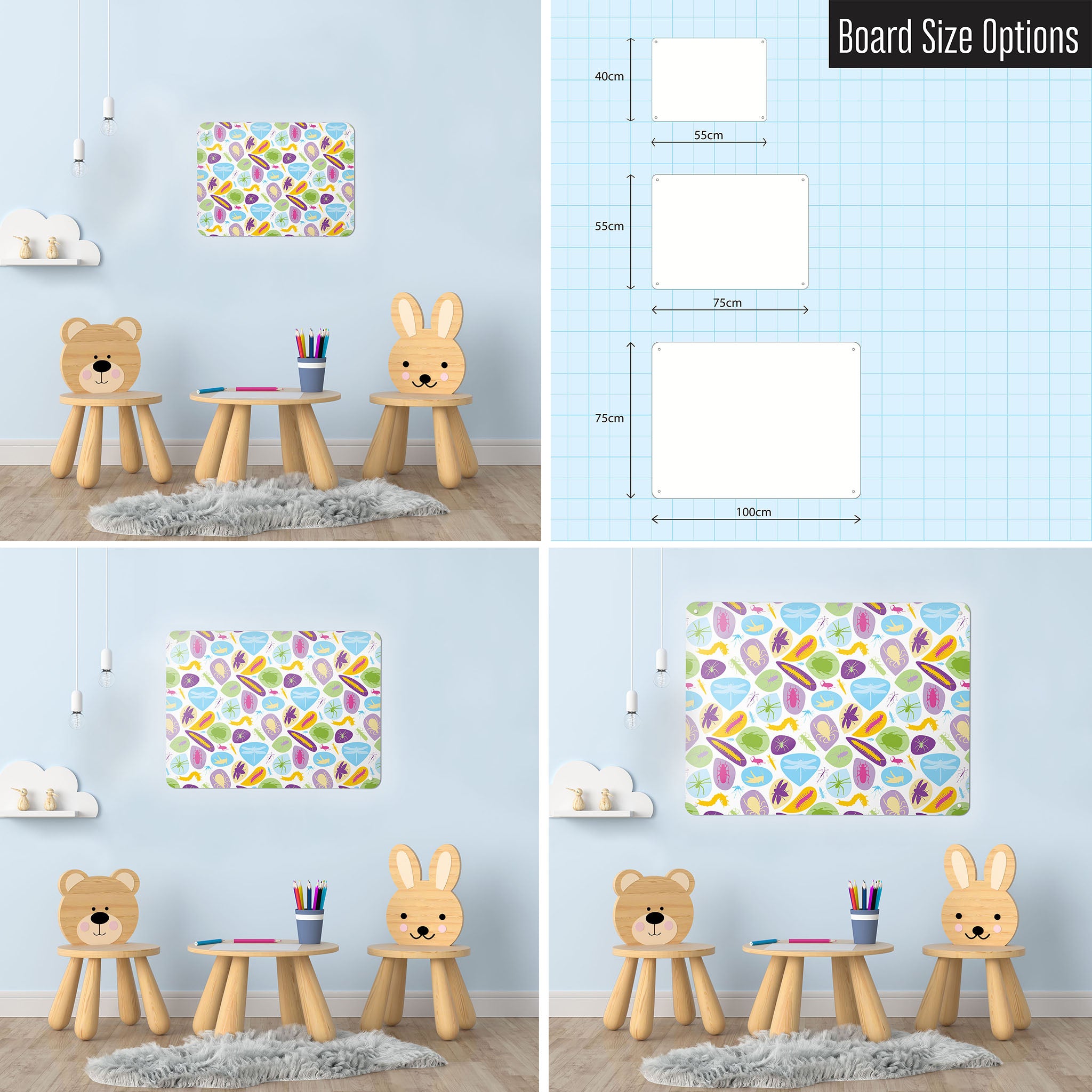 Three photographs of a playroom interior and a diagram to show size comparisons of a bugs design  magnetic notice board