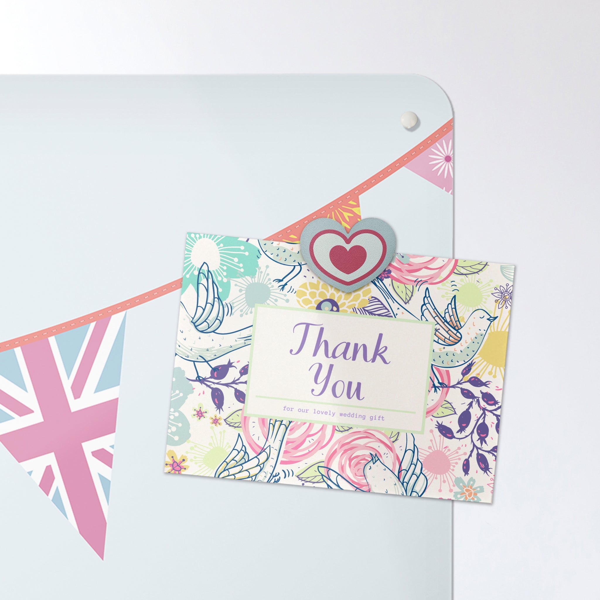 A postcard on a bunting design magnetic board or metal wall art panel