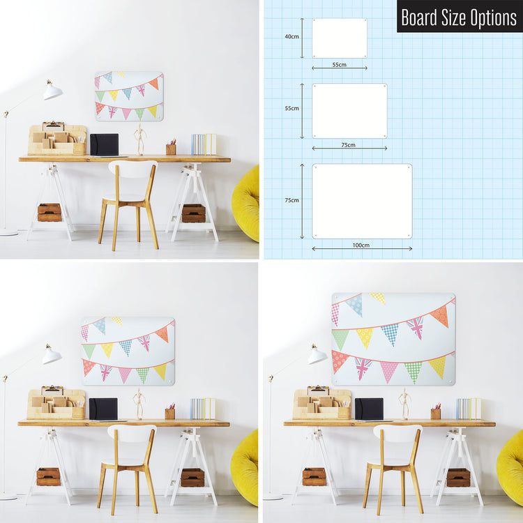 Three photographs of a workspace interior and a diagram to show size comparisons of a bunting design magnetic notice board