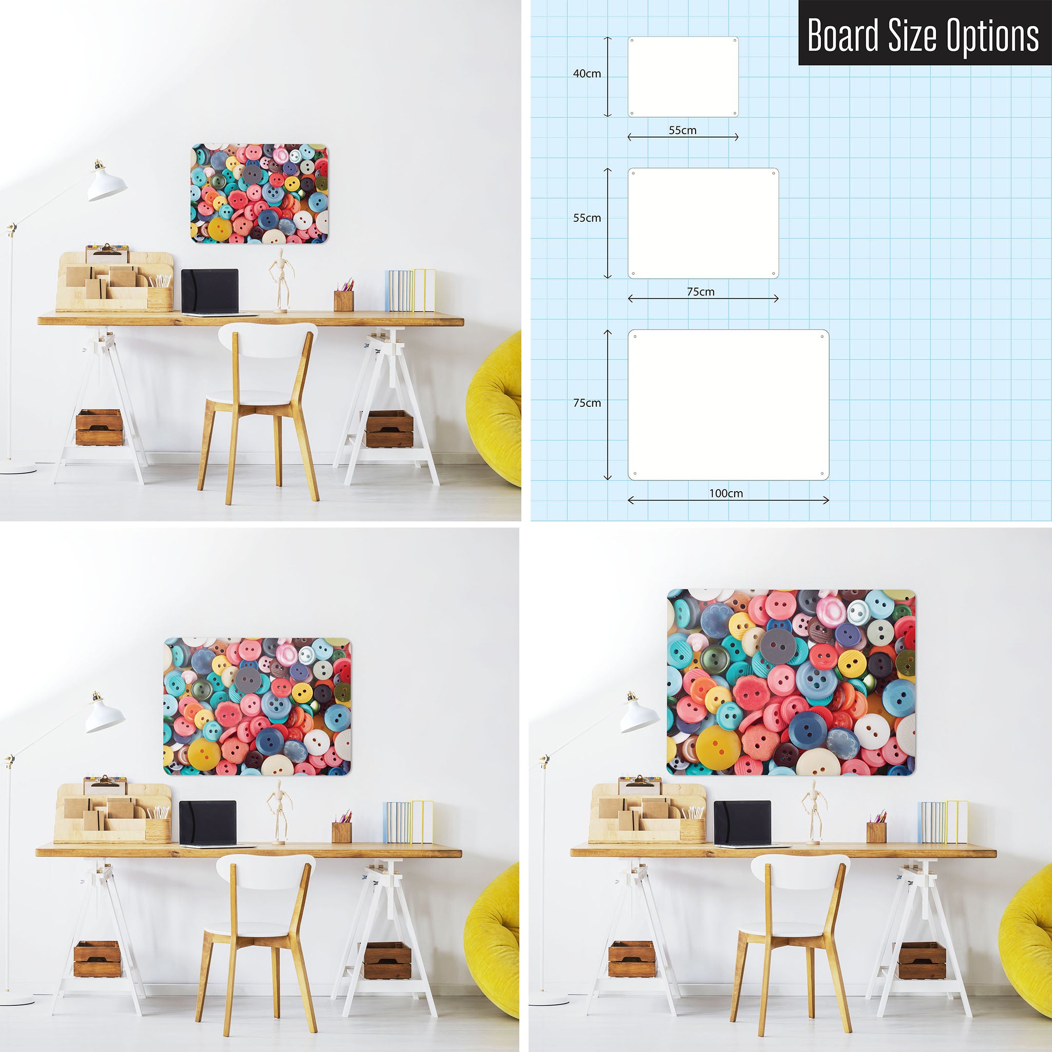 Three photographs of a workspace interior and a diagram to show size comparisons of a buttons magnetic notice board