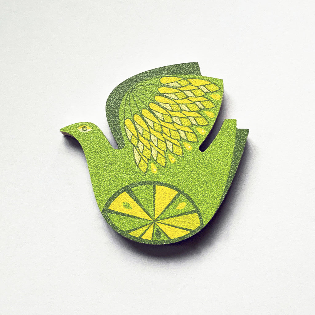 A retro citrus bird lemon and lime design plywood fridge magnet by Beyond the Fridge