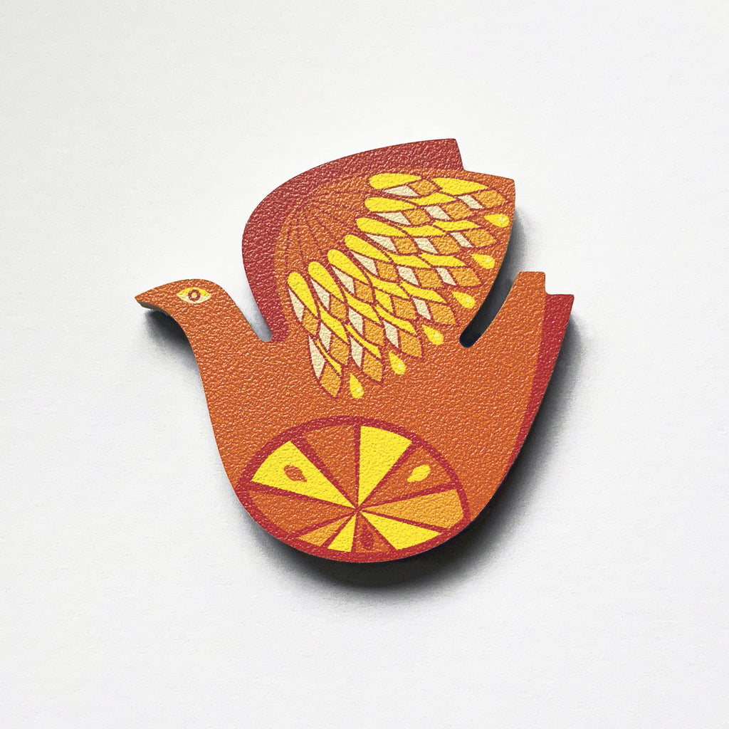 A retro citrus bird orange and lemon design plywood fridge magnet by Beyond the Fridge