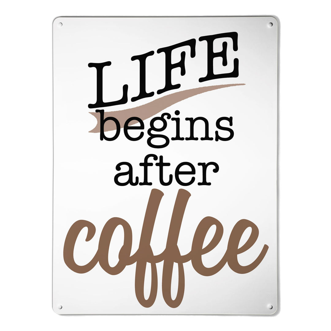 A large magnetic notice board by Beyond the Fridge with an image of a quote that reads 'life begins after coffee'