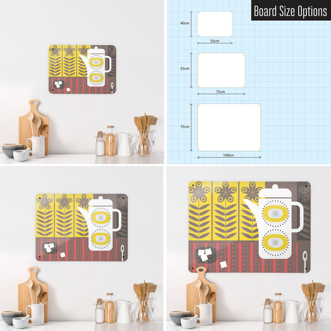 Three photographs of a kitchen interior and a diagram to show size comparisons of a retro coffee pot design magnetic notice board