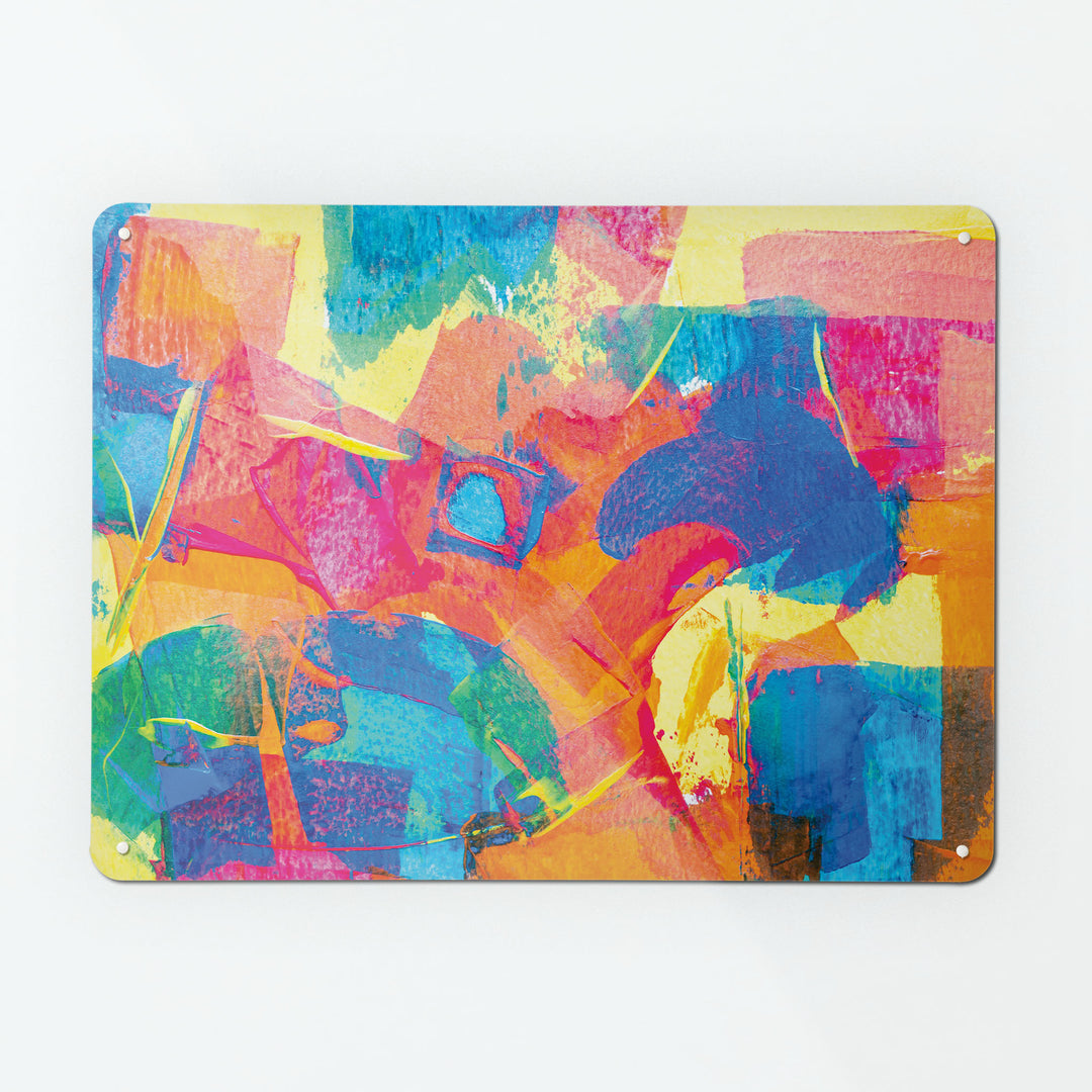A large magnetic notice board by Beyond the Fridge with an image of an abstract painting titled Colour Pop in multi colours