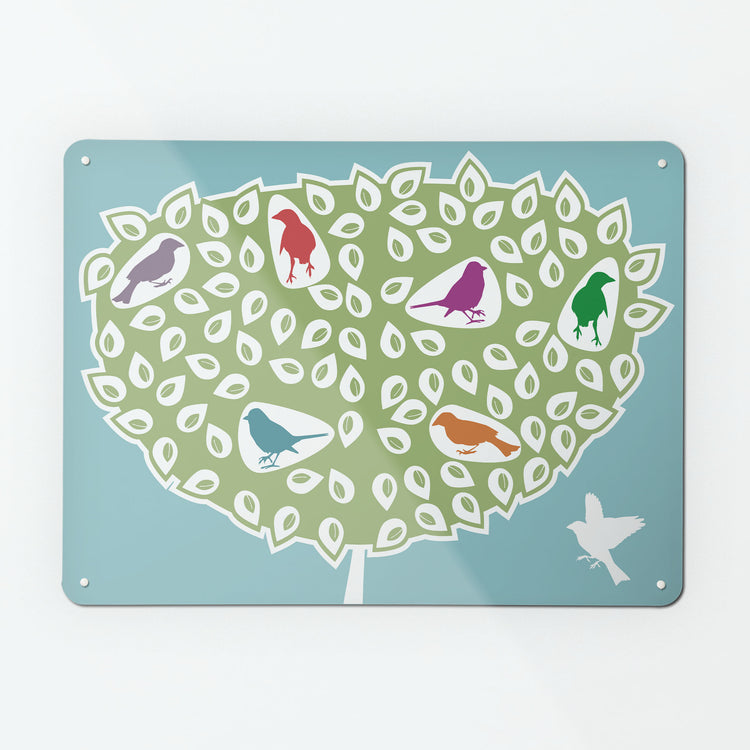 A large magnetic notice board by Beyond the Fridge with a coloured birds in a tree design