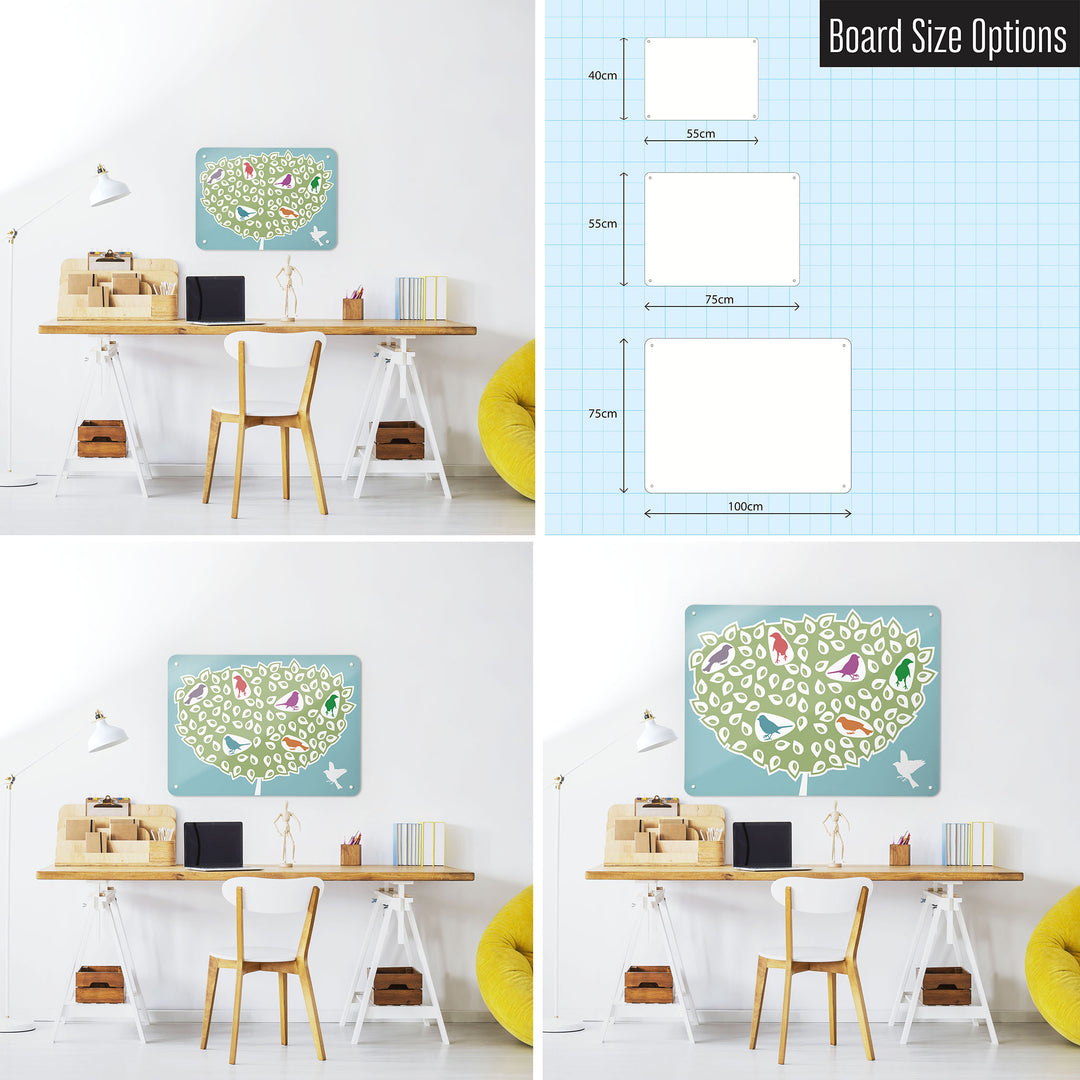 Three photographs of a workspace interior and a diagram to show size comparisons of a coloured birds in a tree design magnetic notice board