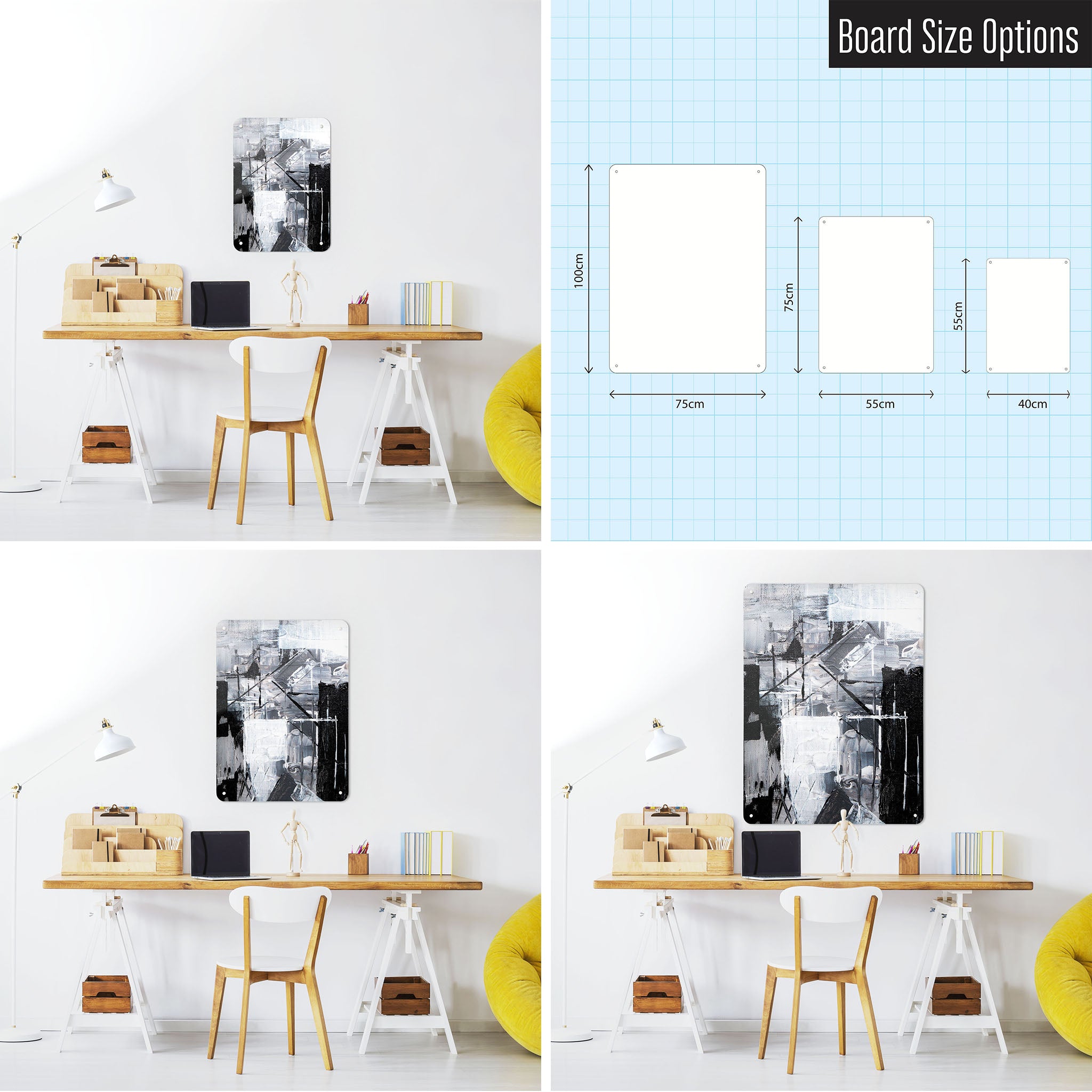 Three photographs of a workspace interior and a diagram to show size comparisons of an abstract painting called construction magnetic notice board