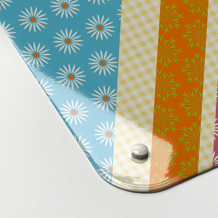 The corner detail of a Cool Britannia fruity design magnetic board to show it’s high gloss surface