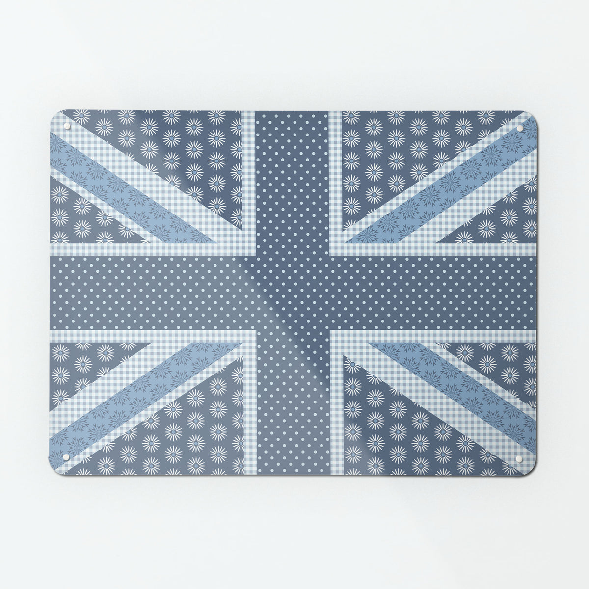 A large magnetic notice board by Beyond the Fridge with a Cool Britannia Union Jack design in blue and white