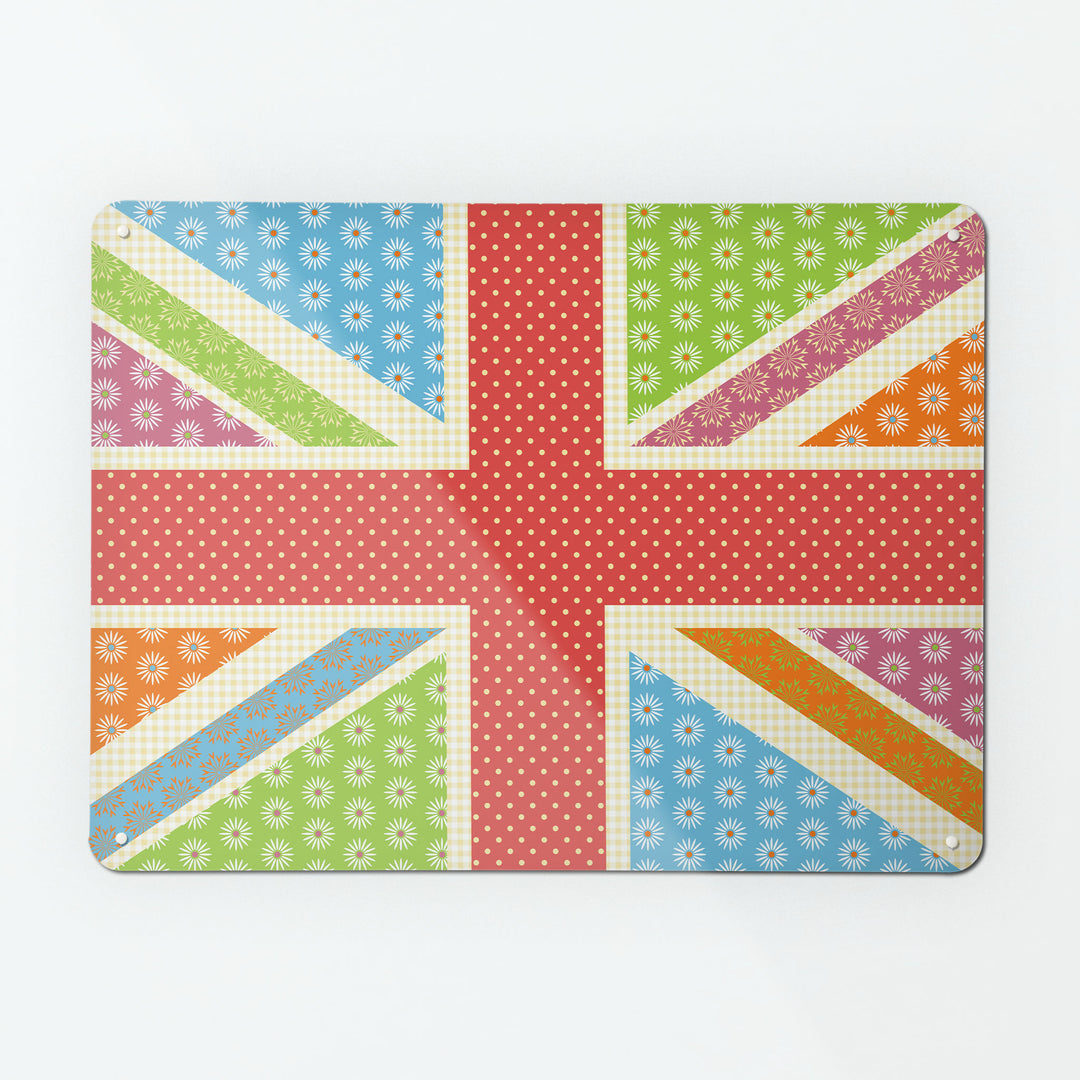 A large magnetic notice board by Beyond the Fridge with a Cool Britannia Union Jack design in fruity colours