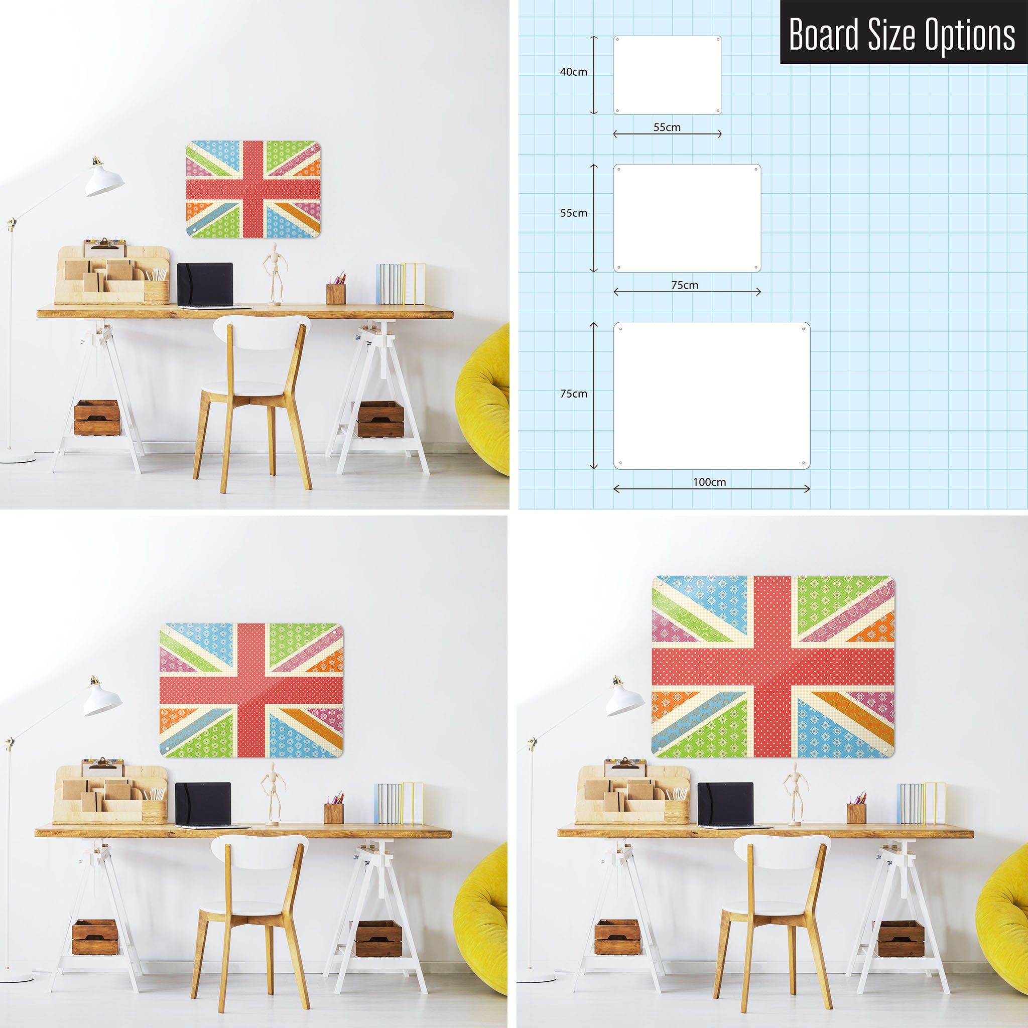 Three photographs of a workspace interior and a diagram to show size comparisons of a Cool Britannia design magnetic notice board