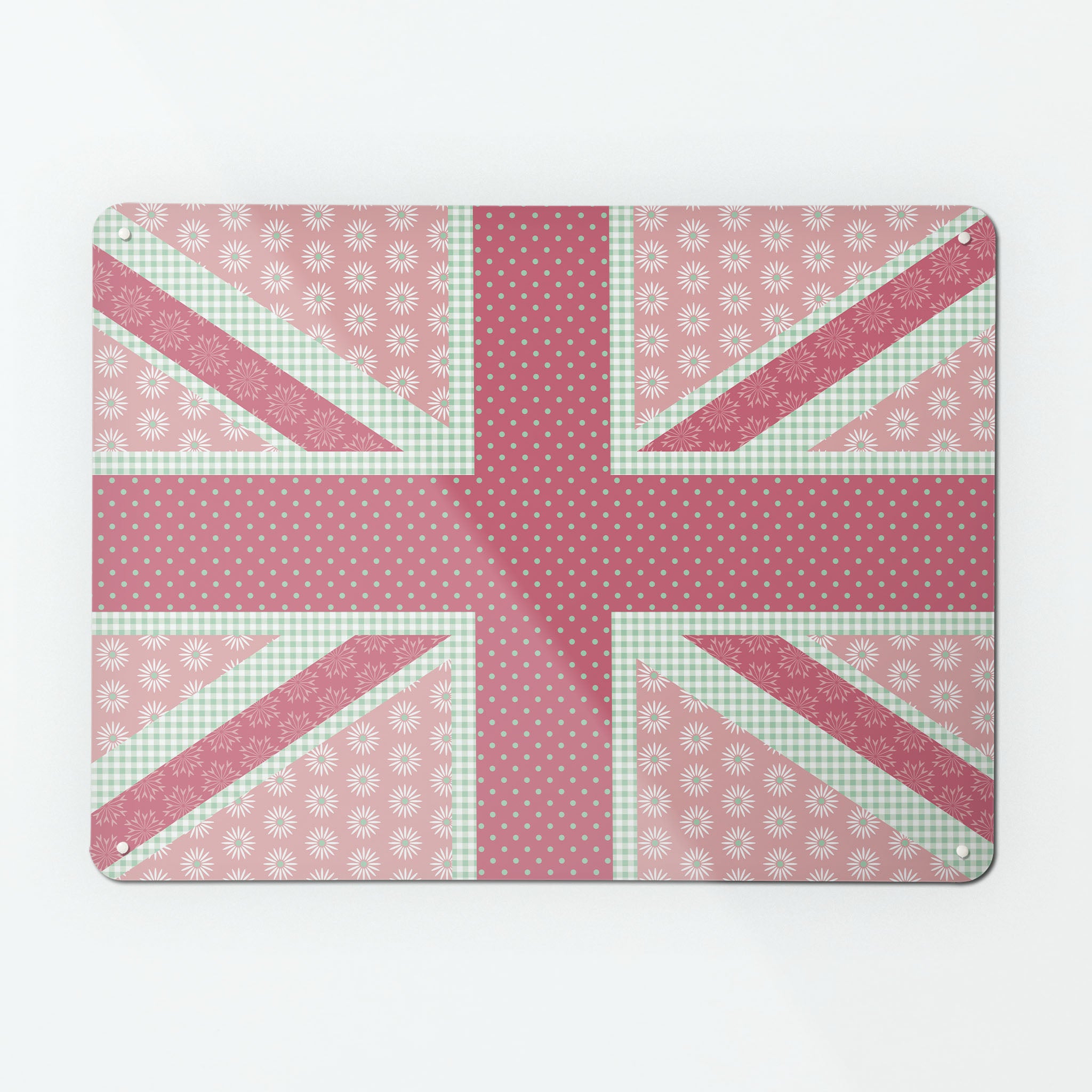 A large magnetic notice board by Beyond the Fridge with a Cool Britannia Union Jack design in pink and green