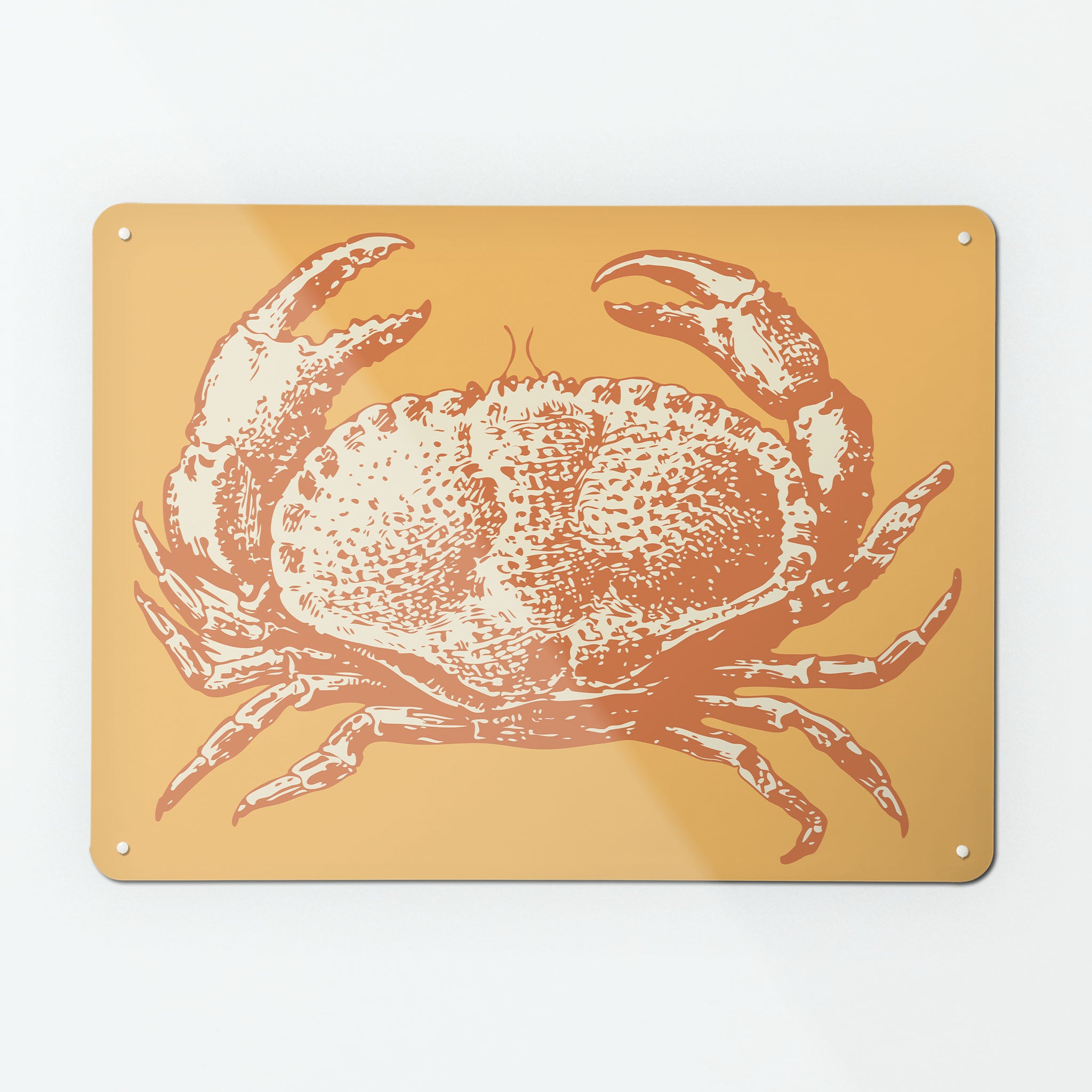 A large magnetic notice board by Beyond the Fridge with an image of a crab illustration on an orange background