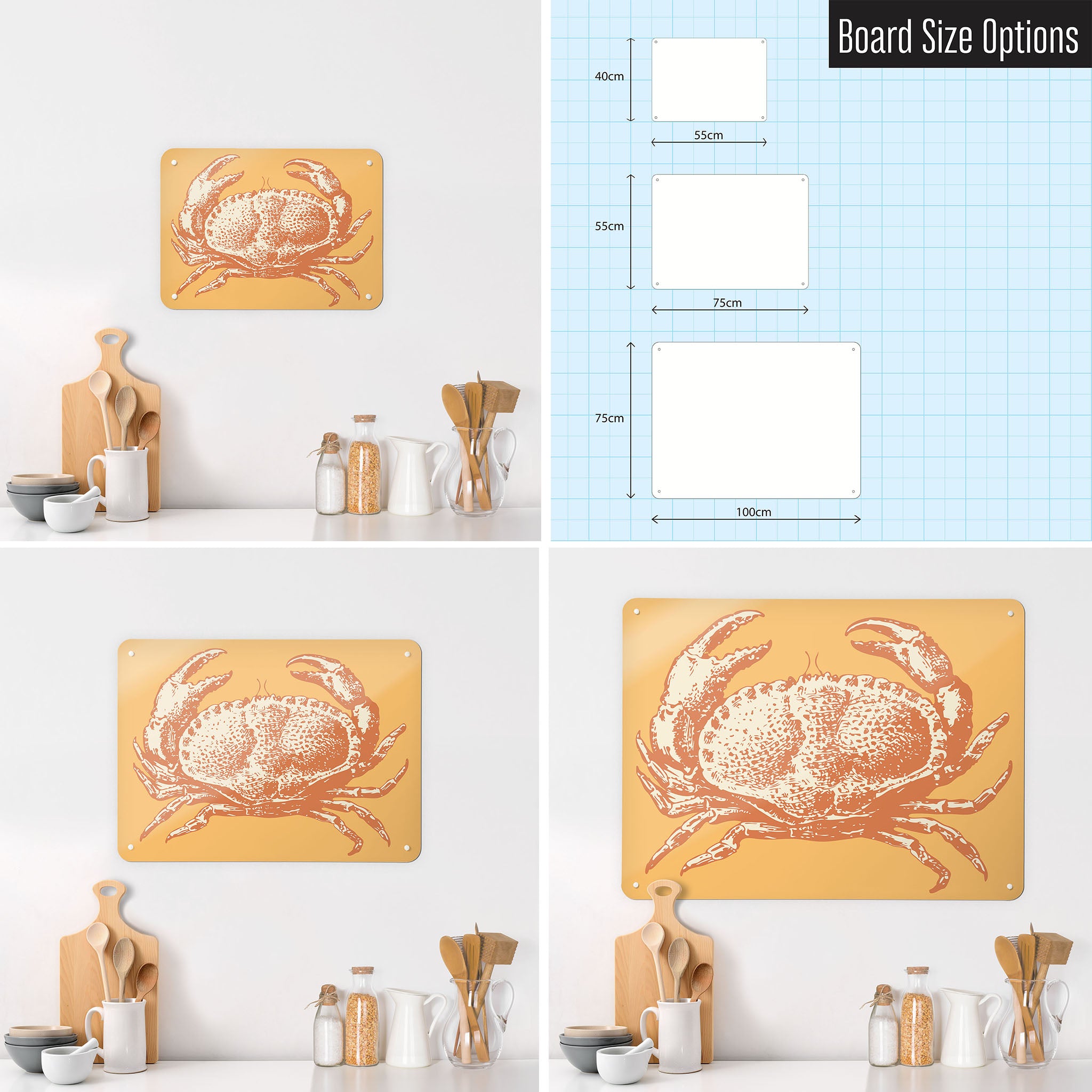 Three photographs of a kitchen interior and a diagram to show size comparisons of a crab illustration magnetic notice board