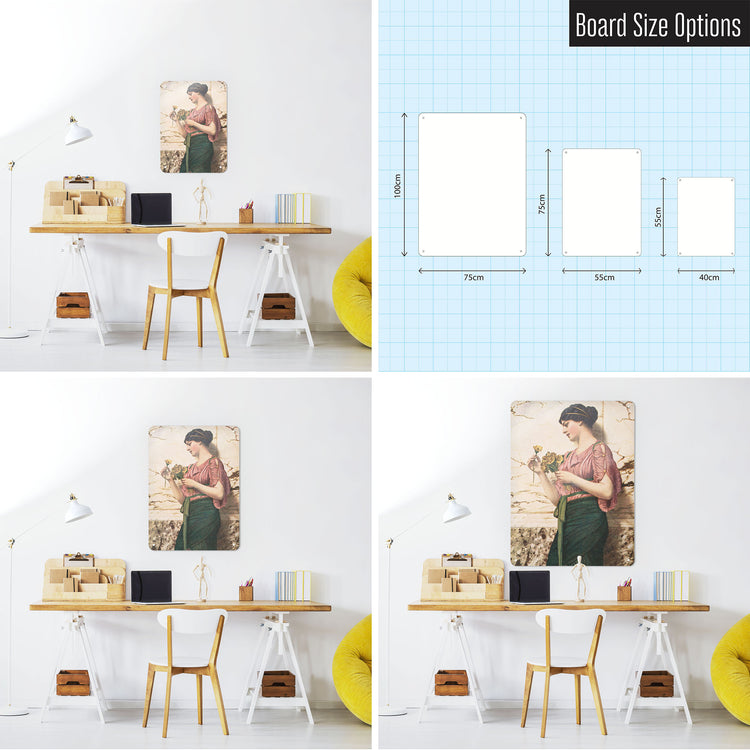 Three photographs of a workspace interior and a diagram to show size comparisons of a Crytilla magnetic notice board
