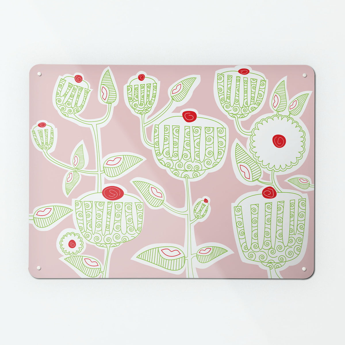  A large magnetic notice board by Beyond the Fridge with a cupcake plant design in green, red, white and pink