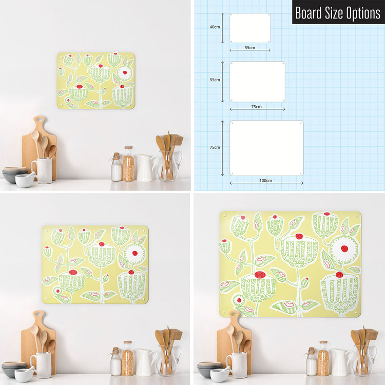 Three photographs of a workspace interior and a diagram to show size comparisons of a cupcake plant yellow design magnetic notice board
