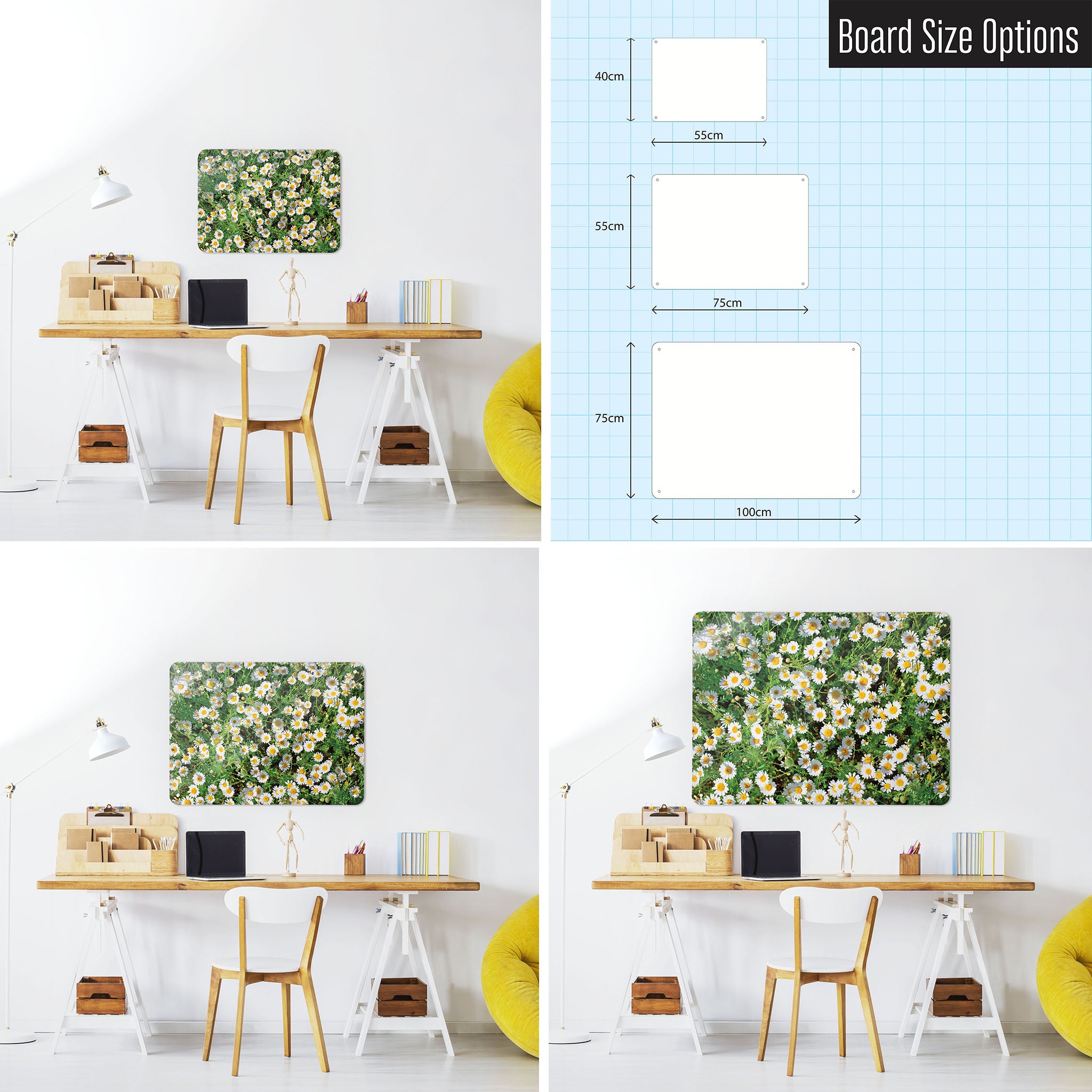 Three photographs of a workspace interior and a diagram to show size comparisons of a daisies photographic magnetic notice board