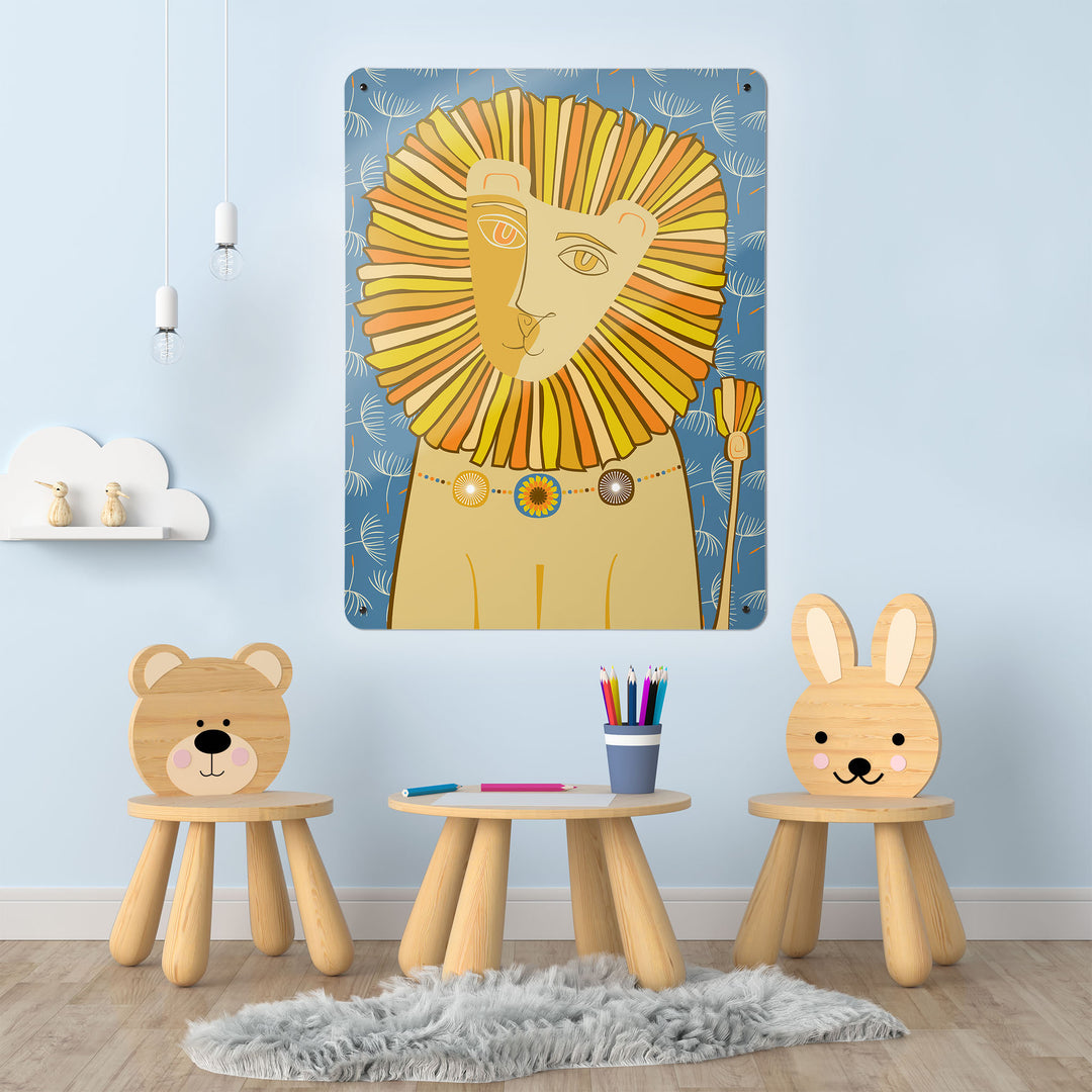 A playroom interior with a magnetic metal wall art panel showing a lion illustration  with a background pattern of dandelion seeds