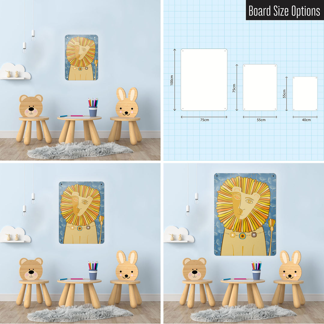 Three photographs of a workspace interior and a diagram to show size comparisons of a dandy lion design magnetic notice boar