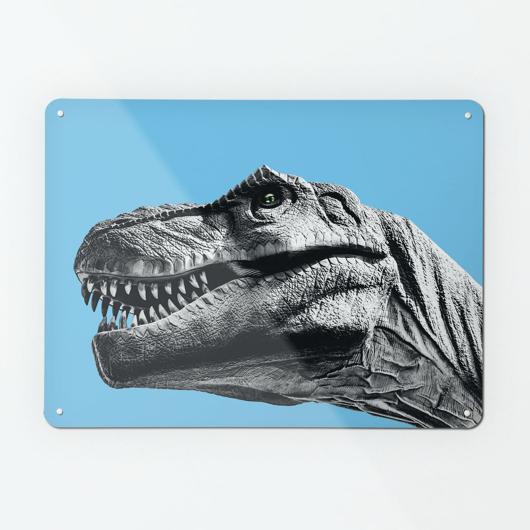 A large magnetic notice board by Beyond the Fridge with an image of a black and white tyrannosaurus rex dinosaur on a blue background
