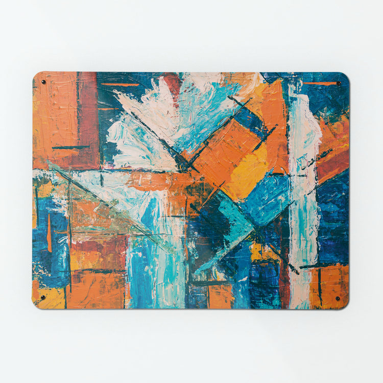 A large magnetic notice board by Beyond the Fridge with an image of an abstract painting titled disconnect in blue, orange, white and black