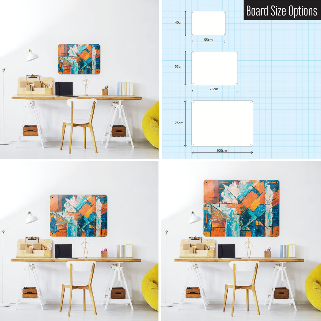 Three photographs of a workspace interior and a diagram to show size comparisons of an abstract painting called disconnect magnetic notice board
