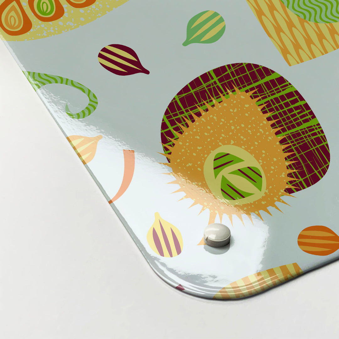 The corner detail of an exotic fruit design magnetic board to show it’s high gloss surface