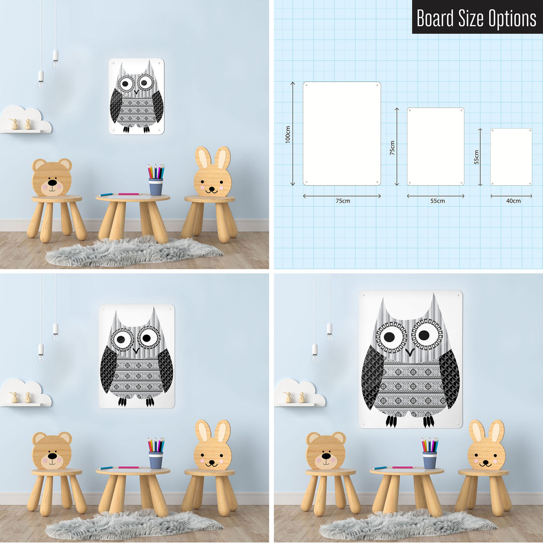 Three photographs of a playroom interior and a diagram to show size comparisons of a Fair Isle Owl magnetic notice board