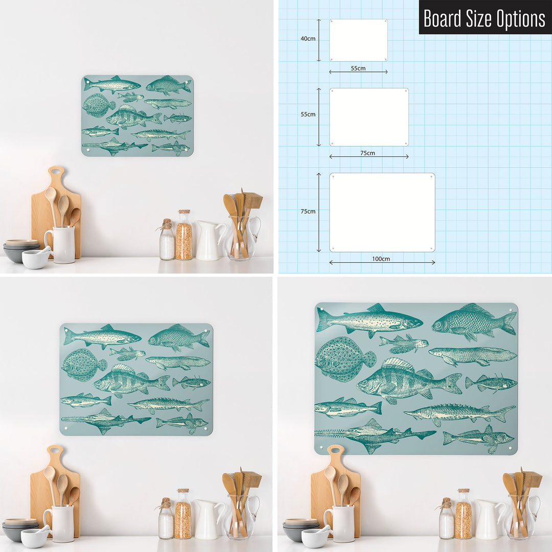 Three photographs of a kitchen interior and a diagram to show size comparisons of a fish illustration magnetic notice board
