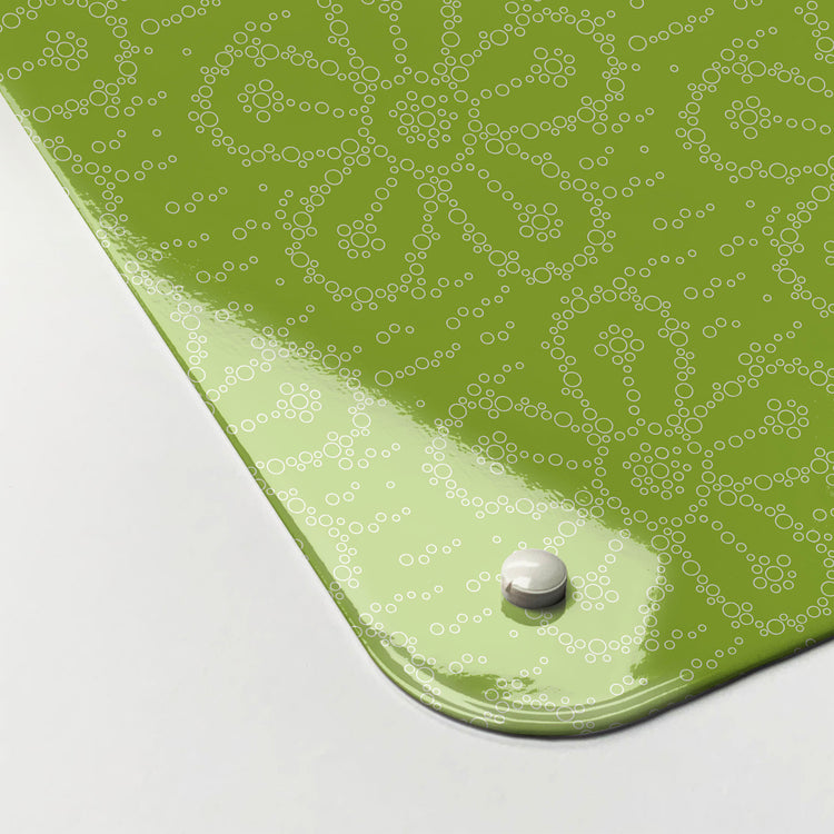 The corner detail of a fizzy flower lime soda design magnetic board to show it’s high gloss surface