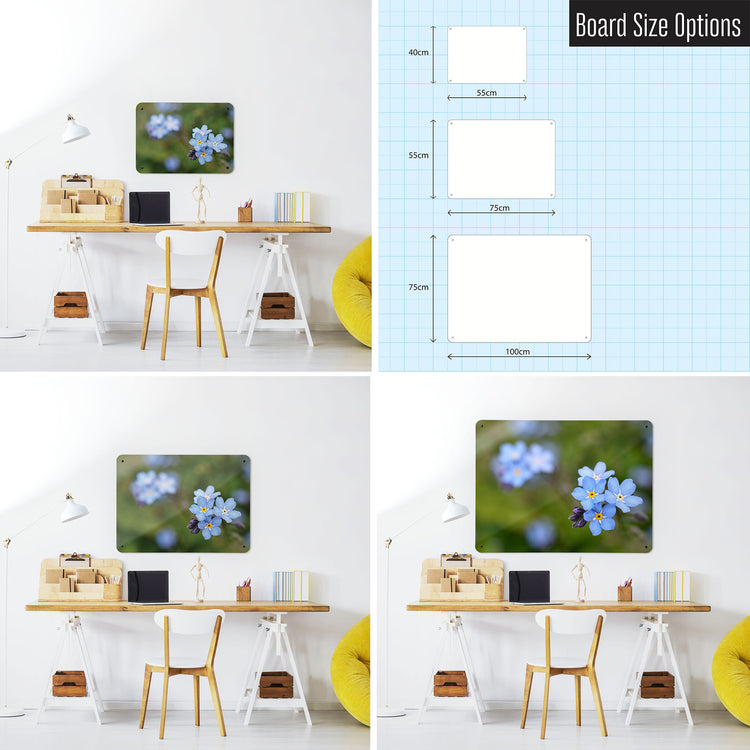 Three photographs of a workspace interior and a diagram to show size comparisons of a forget me not photographic magnetic notice board