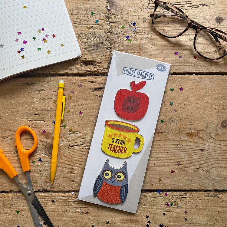 A wooden desk top with a gift set of three Fridge Magnets for teachers with red apple, enamel mug with five star teacher on it and owl magnets - by Beyond the Fridge