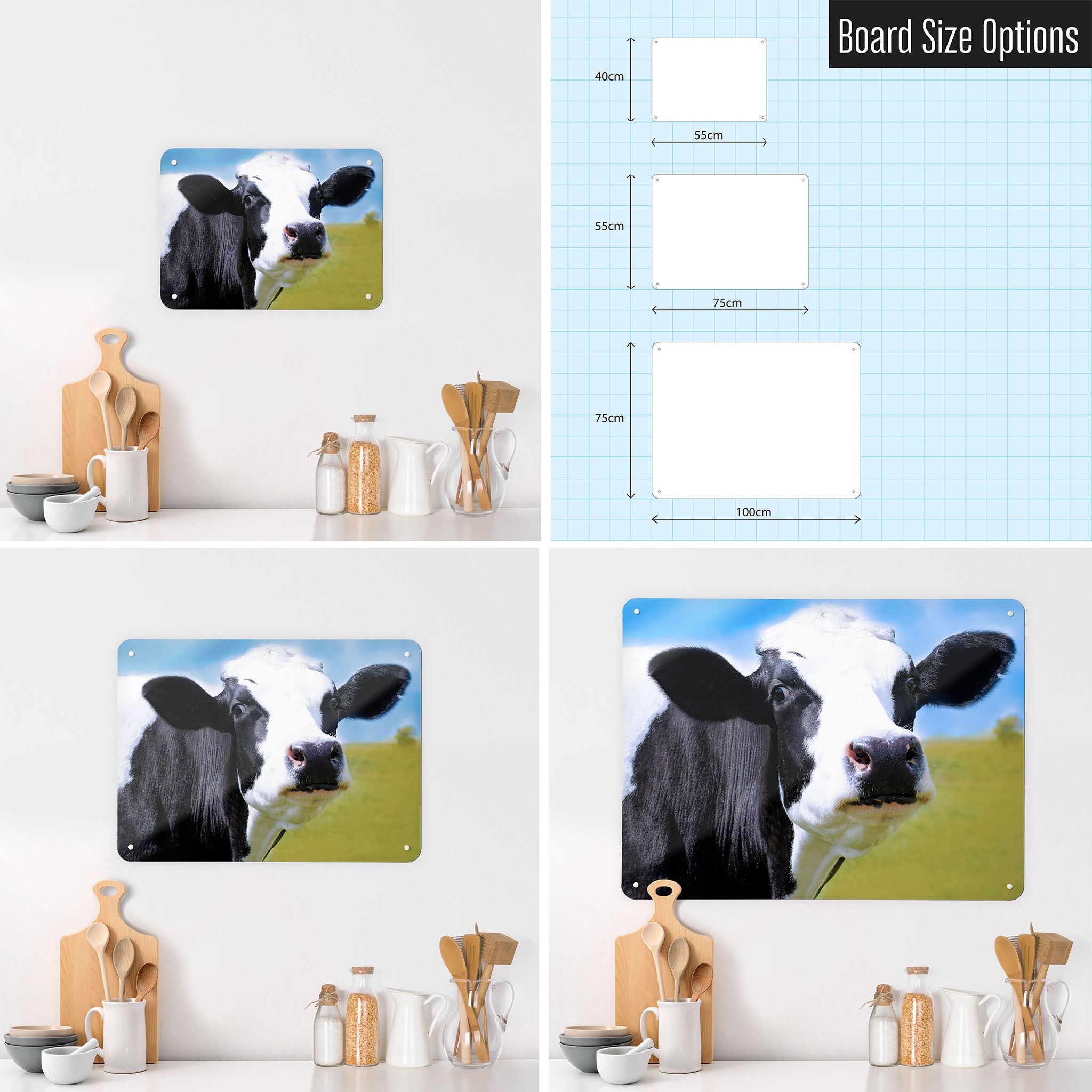 Three photographs of a workspace interior and a diagram to show size comparisons of a friesian cow photographic magnetic notice board