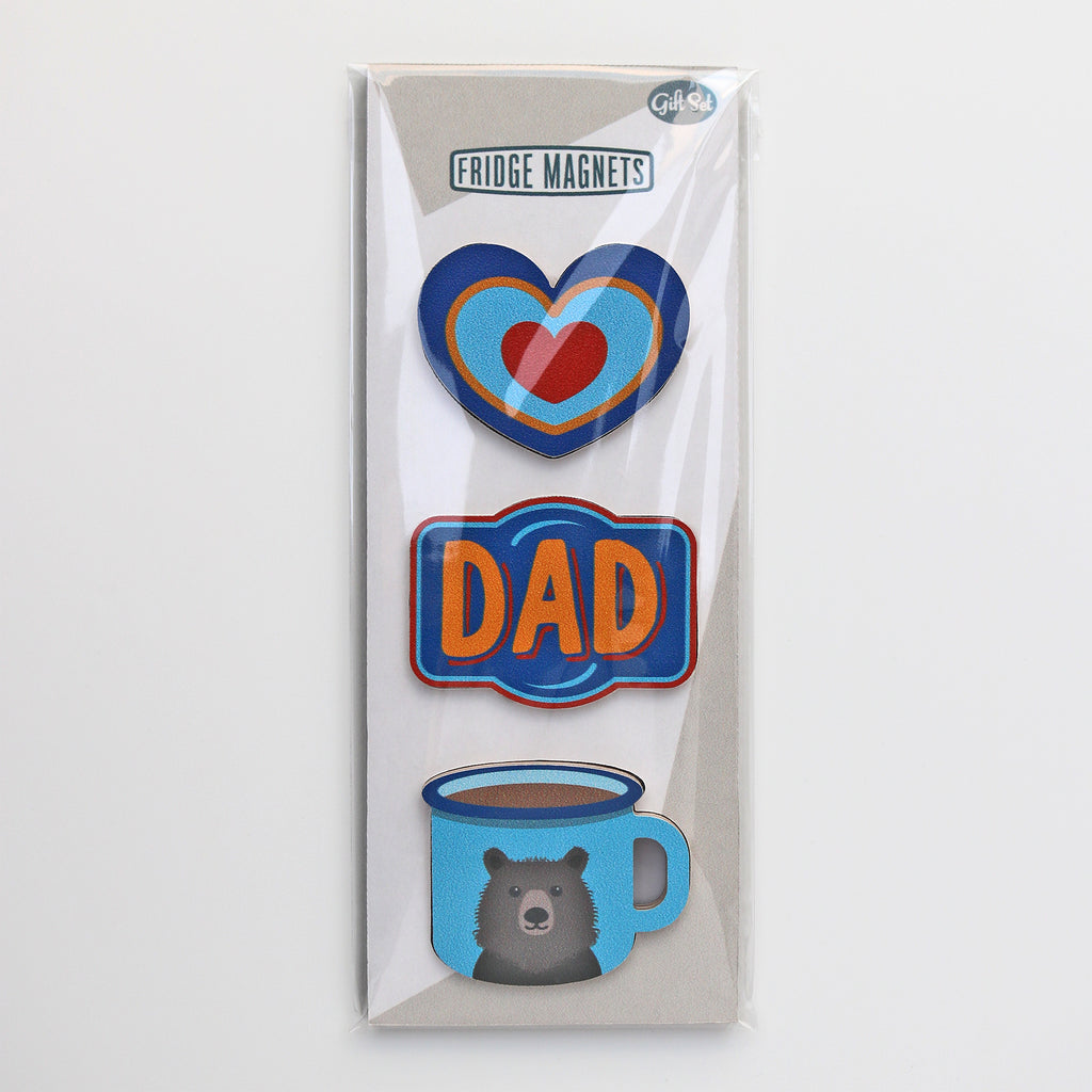 A gift set of three Fridge Magnets for Valentine's Day with heart, dad vintage label and enamel mug magnets - by Beyond the Fridge