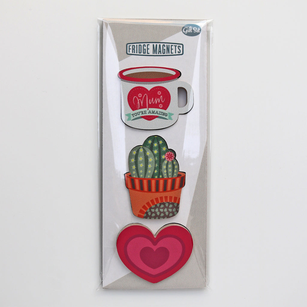 The gift set of three fridge magnets for mums, in its packaging: a Mum mug, a cactus and a heart