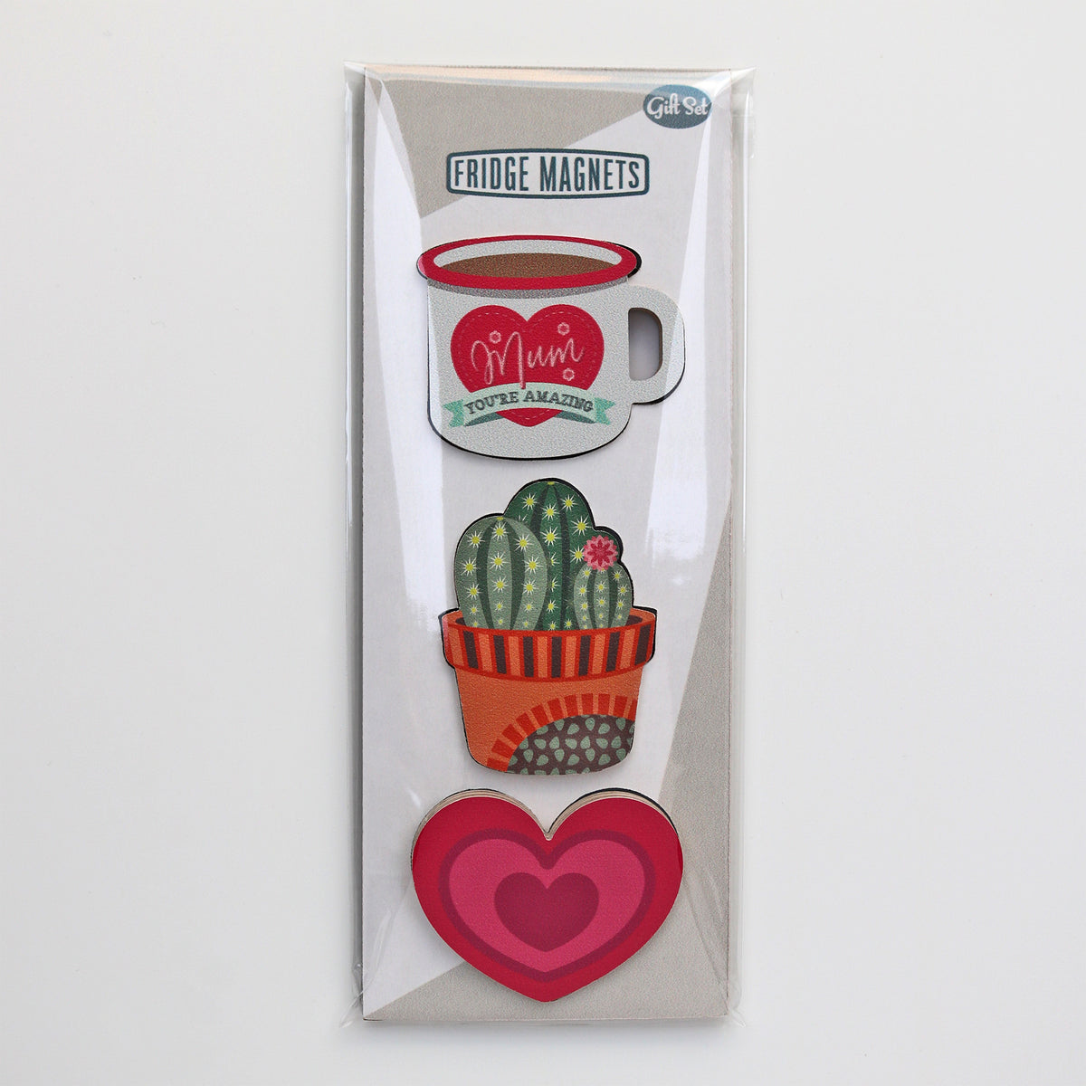 The gift set of three fridge magnets for mums, in its packaging: a Mum mug, a cactus and a heart