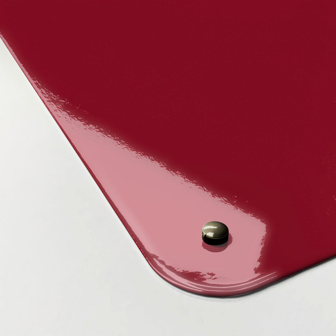 The corner detail of a red gingham cockerel design magnetic board to show it’s high gloss surface