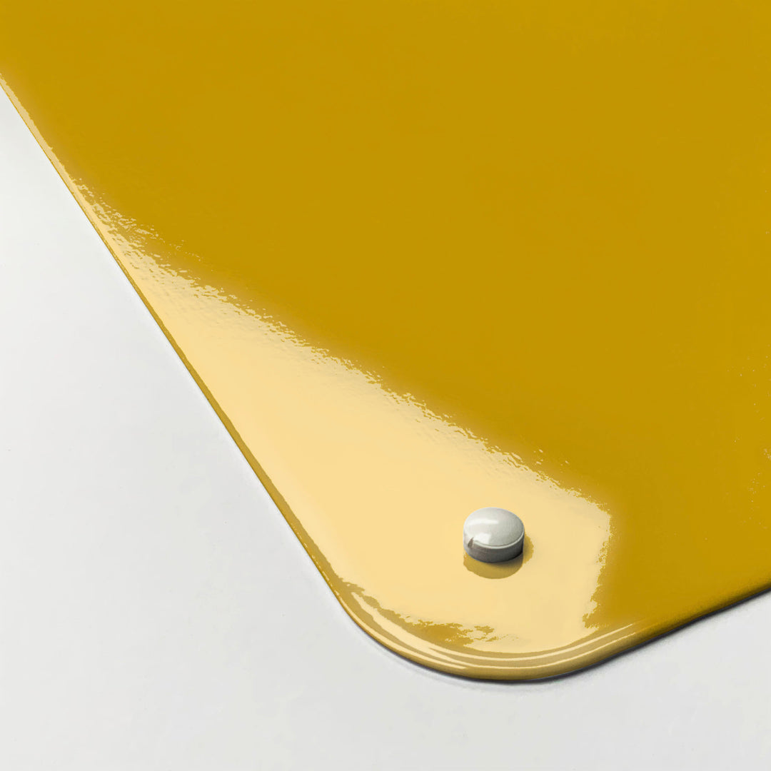 The corner detail of a yellow gingham cockerel design magnetic board to show it’s high gloss surface