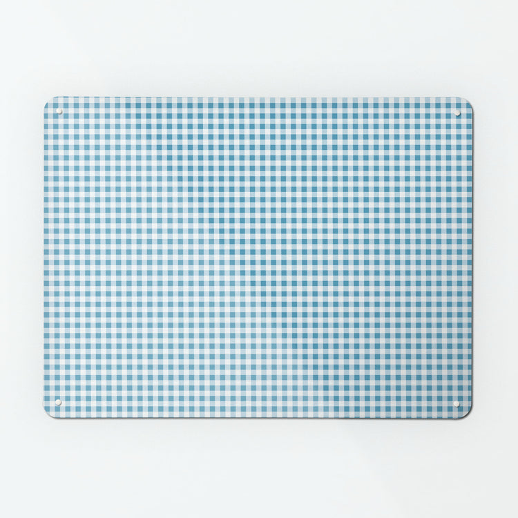 A large magnetic notice board by Beyond the Fridge with a blue gingham pattern