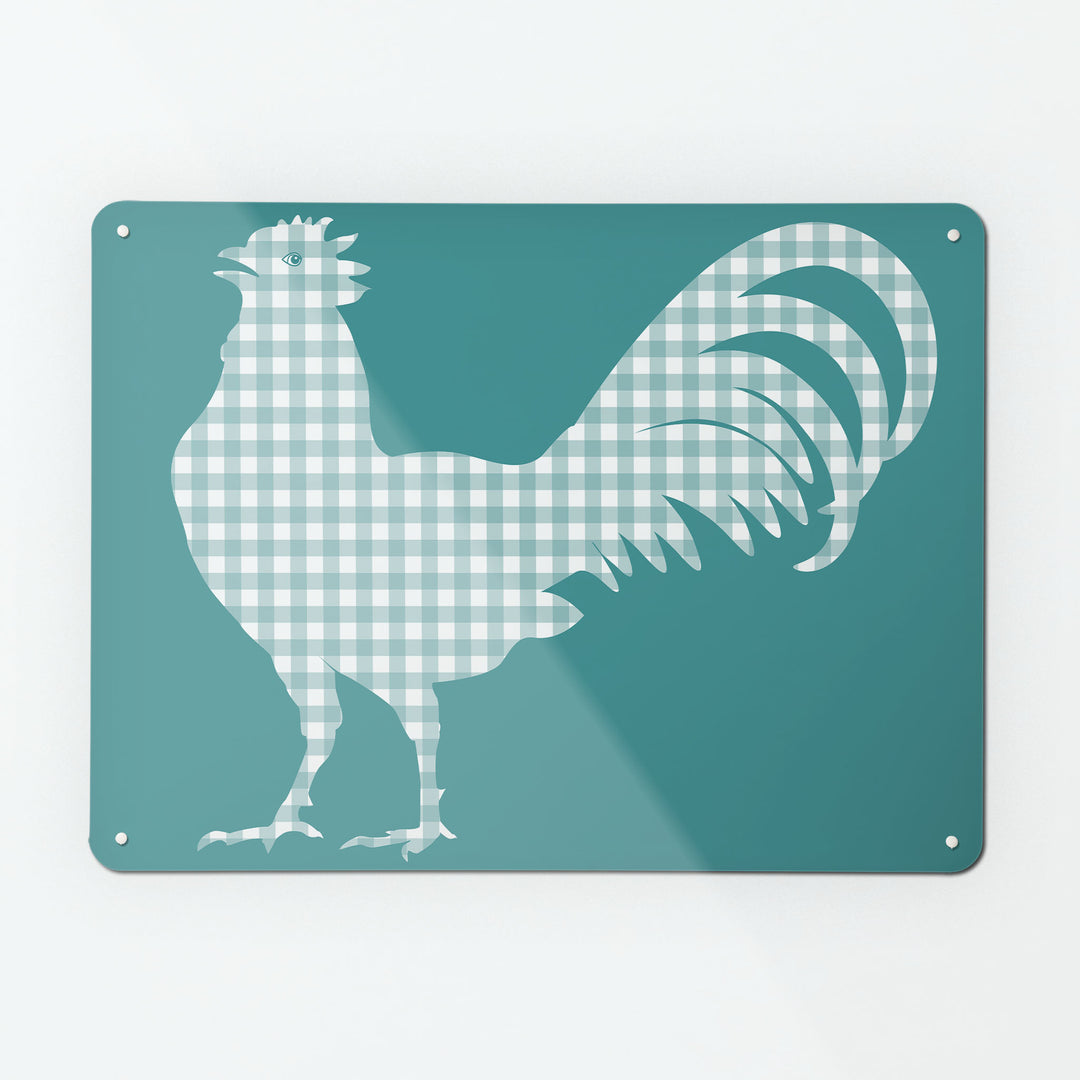 A large magnetic notice board by Beyond the Fridge with a blue gingham cockerel design