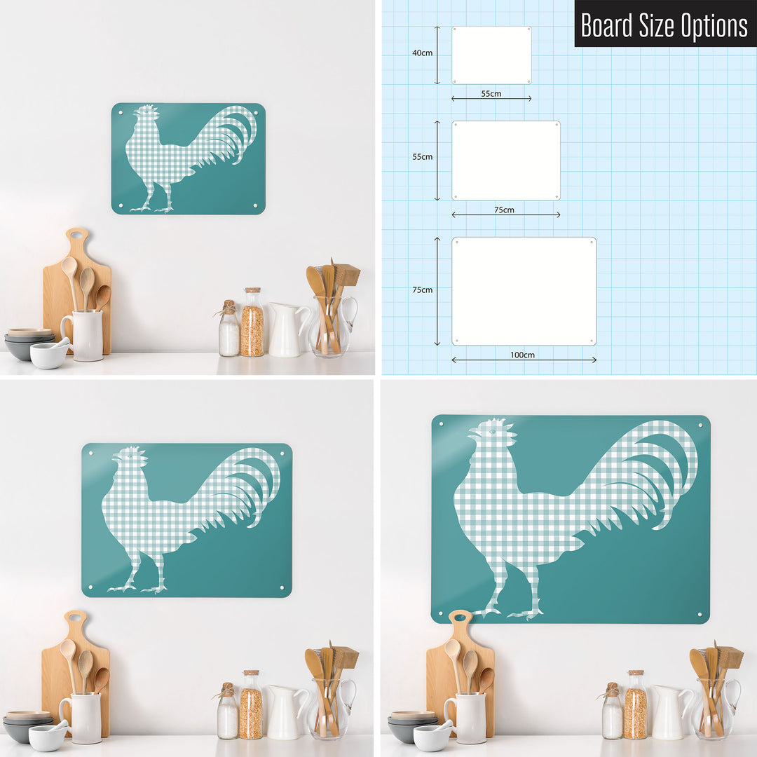 Three photographs of a workspace interior and a diagram to show size comparisons of a gingham cockerel design magnetic notice board