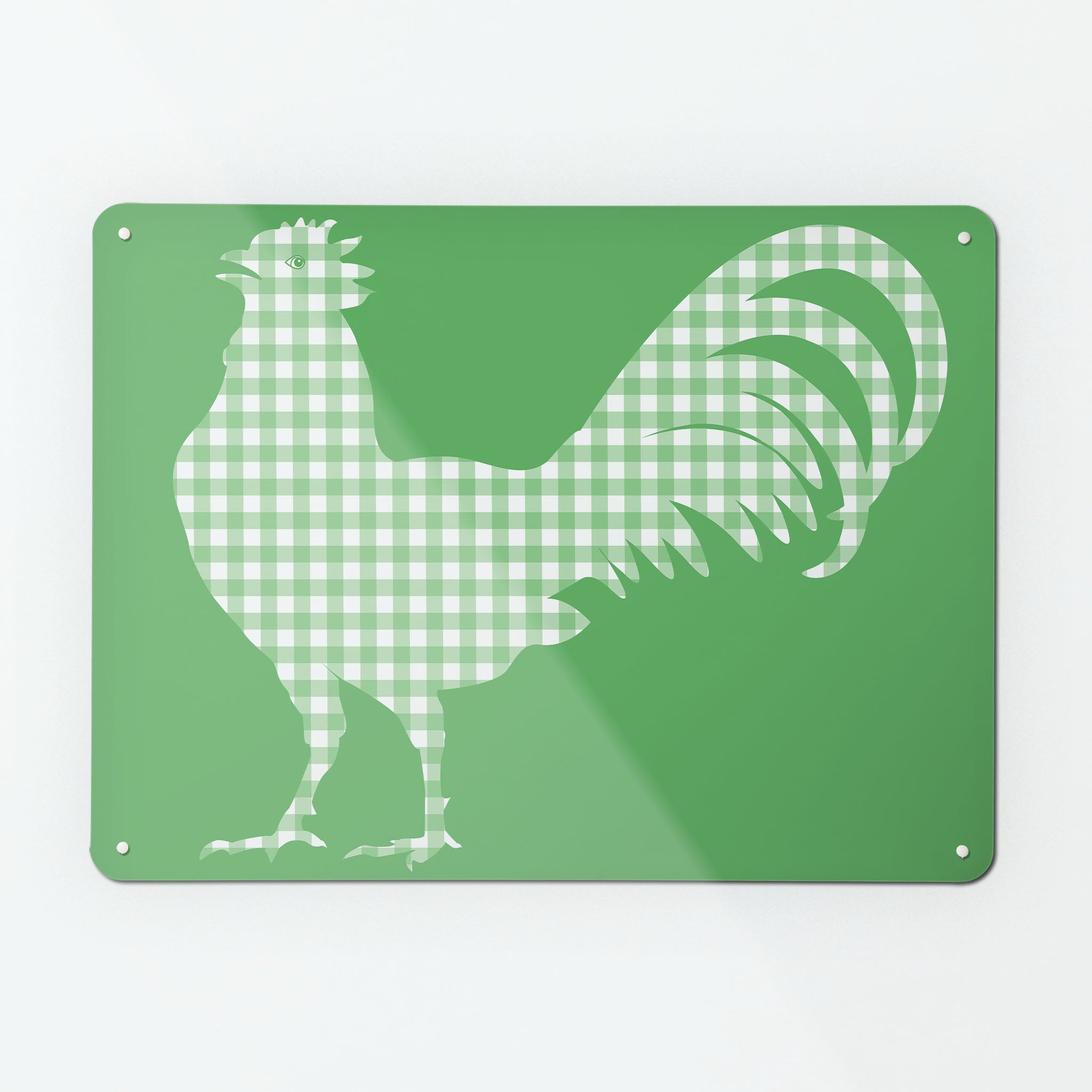 A large magnetic notice board by Beyond the Fridge with a green gingham cockerel design