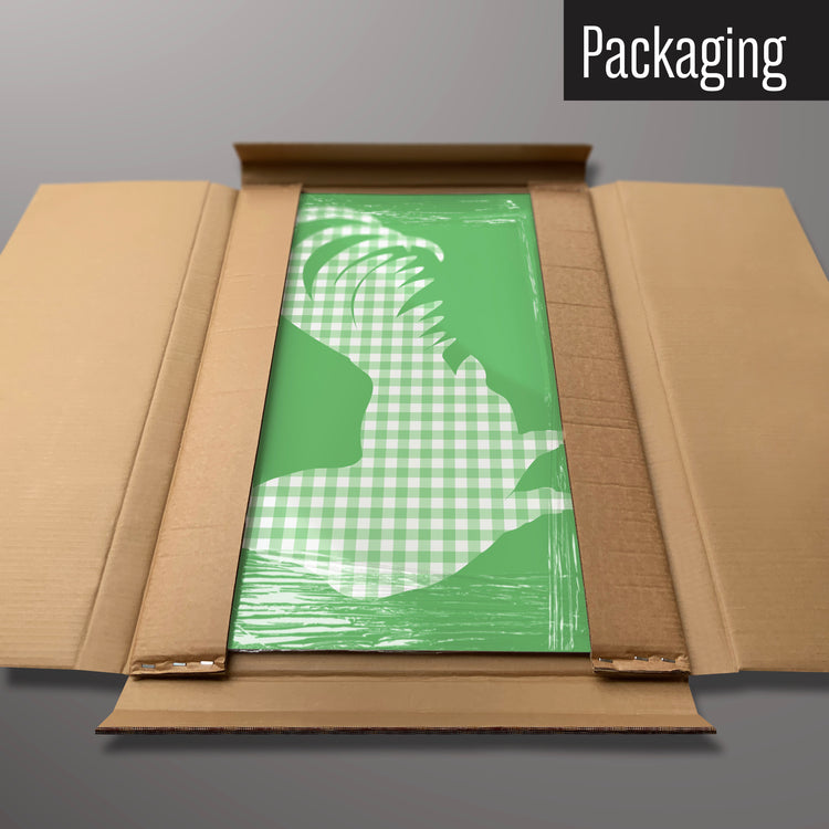 A green gingham cockerel design magnetic board in it’s cardboard packaging