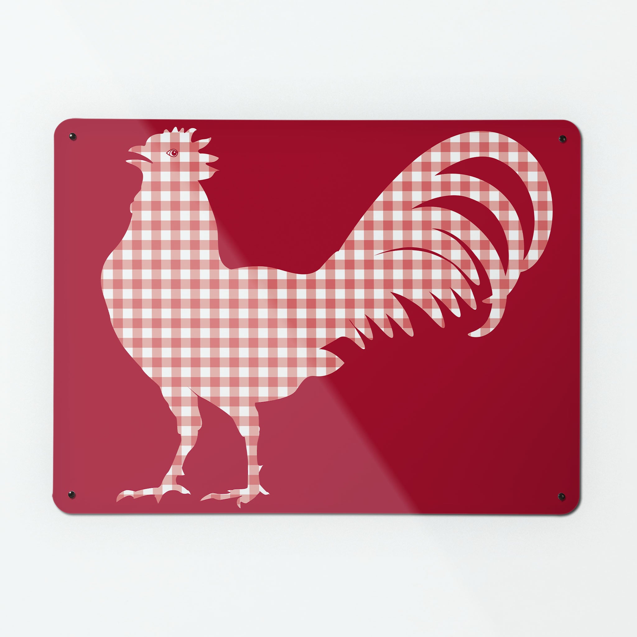 A large magnetic notice board by Beyond the Fridge with a red gingham cockerel design